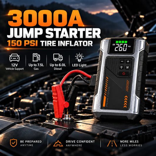 3000A Car Jump Starter with 150 PSI Tire Inflator – Gas up to 7.5L, Diesel 6.5L