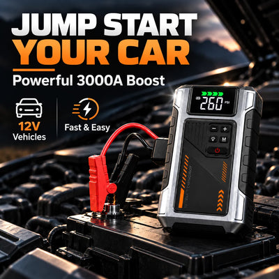 3000A Car Jump Starter with 150 PSI Tire Inflator – Gas up to 7.5L, Diesel 6.5L
