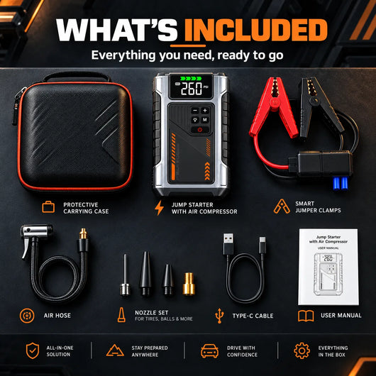 3000A Car Jump Starter with 150 PSI Tire Inflator – Gas up to 7.5L, Diesel 6.5L