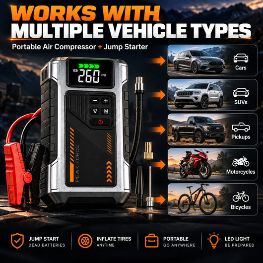 3000A Car Jump Starter with 150 PSI Tire Inflator – Gas up to 7.5L, Diesel 6.5L